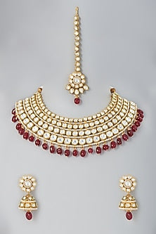 Gold Finish Ruby Beaded Choker Necklace Set