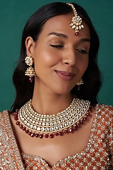 Gold Finish Ruby Beaded Choker Necklace Set