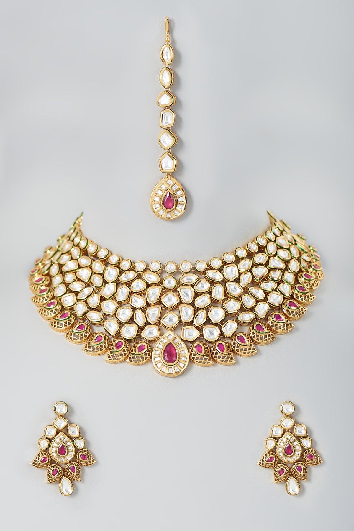 Gold Finish Uncut Kundan Polki & Ruby Stone Choker Necklace Set