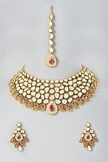 Gold Finish Uncut Kundan Polki & Ruby Stone Choker Necklace Set