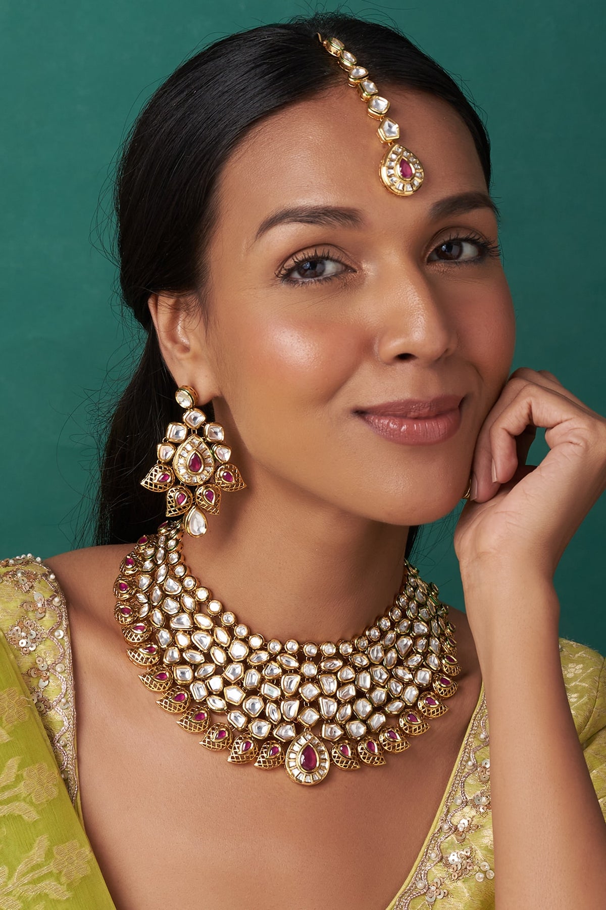 Gold Finish Uncut Kundan Polki & Ruby Stone Choker Necklace Set