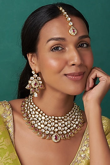 Gold Finish Uncut Kundan Polki & Ruby Stone Choker Necklace Set