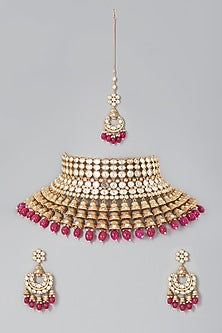 Gold Finish Ruby Beaded Choker Necklace Set
