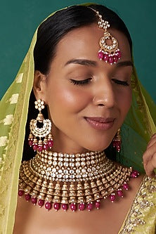 Gold Finish Ruby Beaded Choker Necklace Set