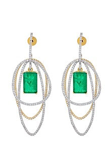 White Finish Zircon & Emerald Stone Layered Dangler Earrings