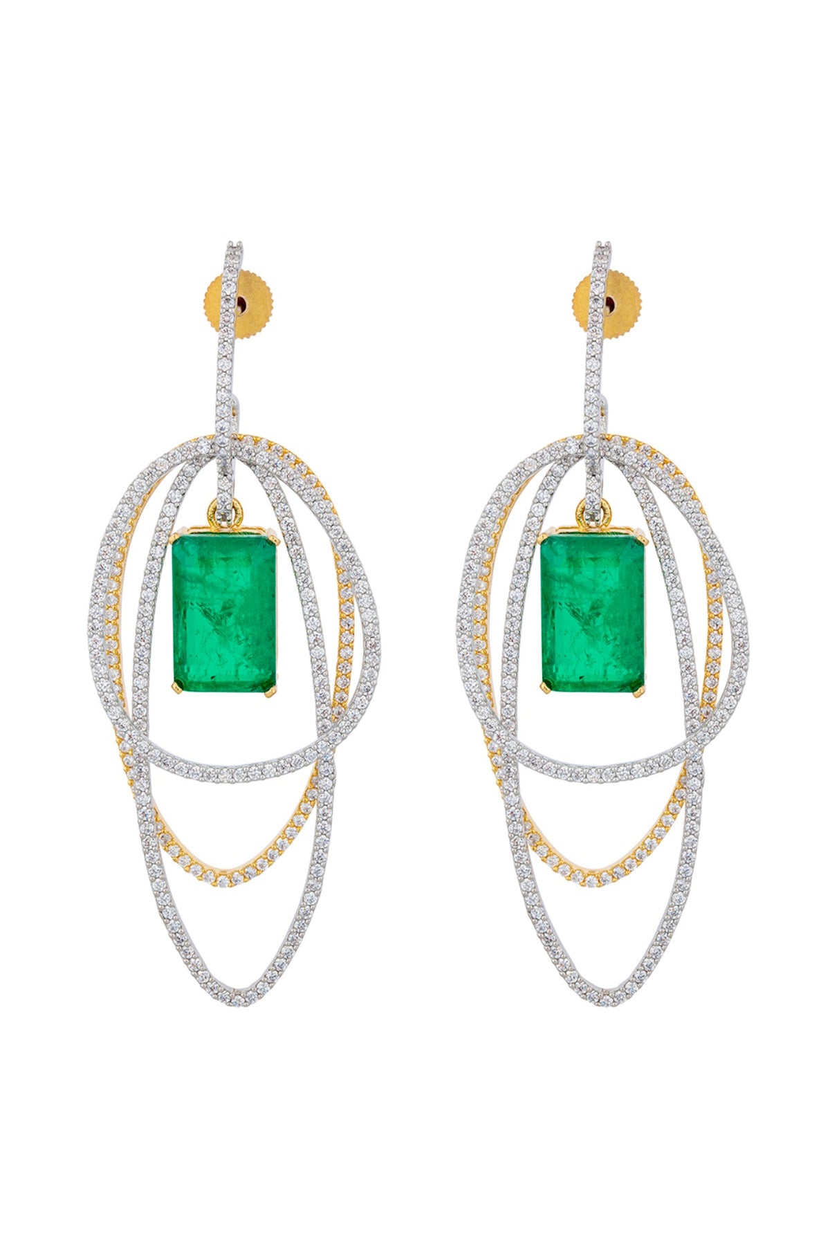 White Finish Zircon & Emerald Stone Layered Dangler Earrings