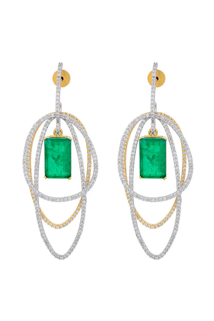 White Finish Zircon & Emerald Stone Layered Dangler Earrings