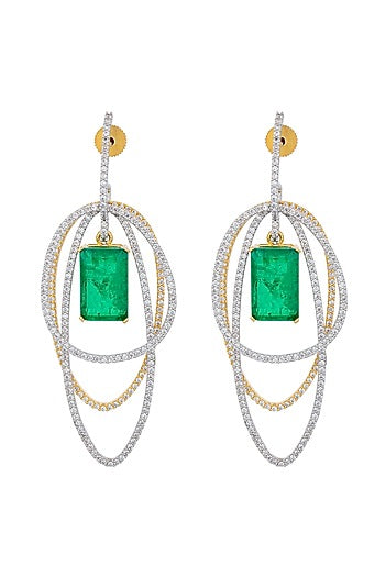 White Finish Zircon & Emerald Stone Layered Dangler Earrings