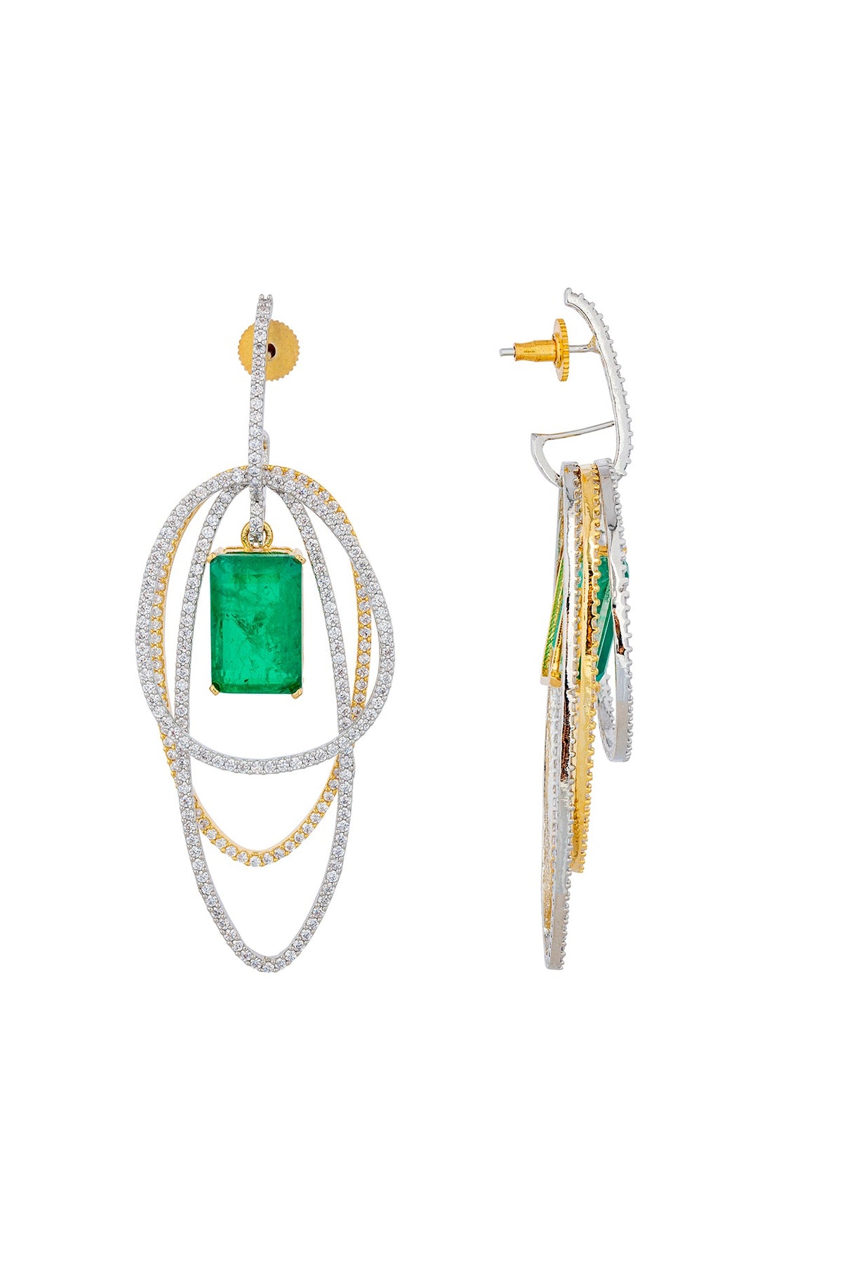 White Finish Zircon & Emerald Stone Layered Dangler Earrings