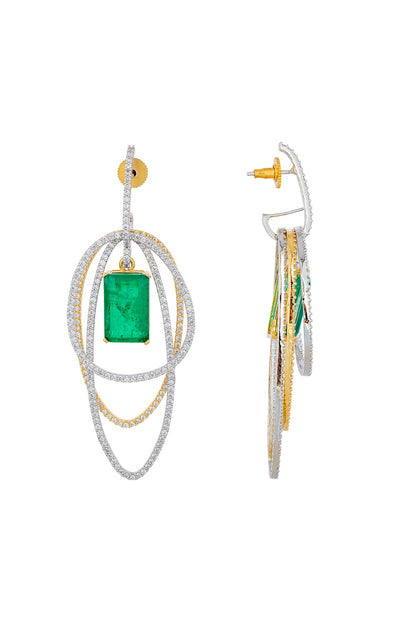 White Finish Zircon & Emerald Stone Layered Dangler Earrings