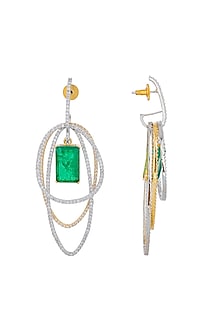 White Finish Zircon & Emerald Stone Layered Dangler Earrings