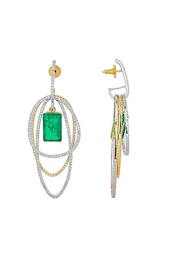 White Finish Zircon & Emerald Stone Layered Dangler Earrings