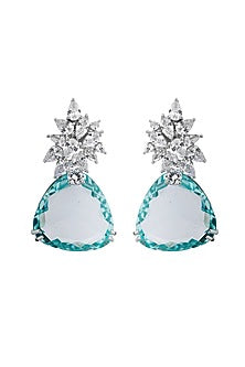 White Rhodium Finish Zircon & Aqua Stone Stud Earrings