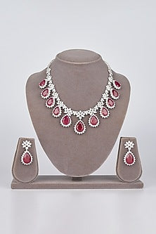 White Electro Rhodium Finish Cubic Zirconia & Red Stone Necklace Set