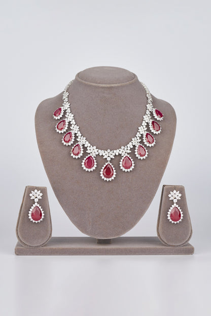 White Electro Rhodium Finish Cubic Zirconia & Red Stone Necklace Set