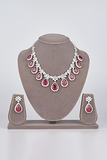 White Electro Rhodium Finish Cubic Zirconia & Red Stone Necklace Set