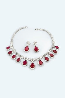 White Electro Rhodium Finish Cubic Zirconia & Red Stone Necklace Set