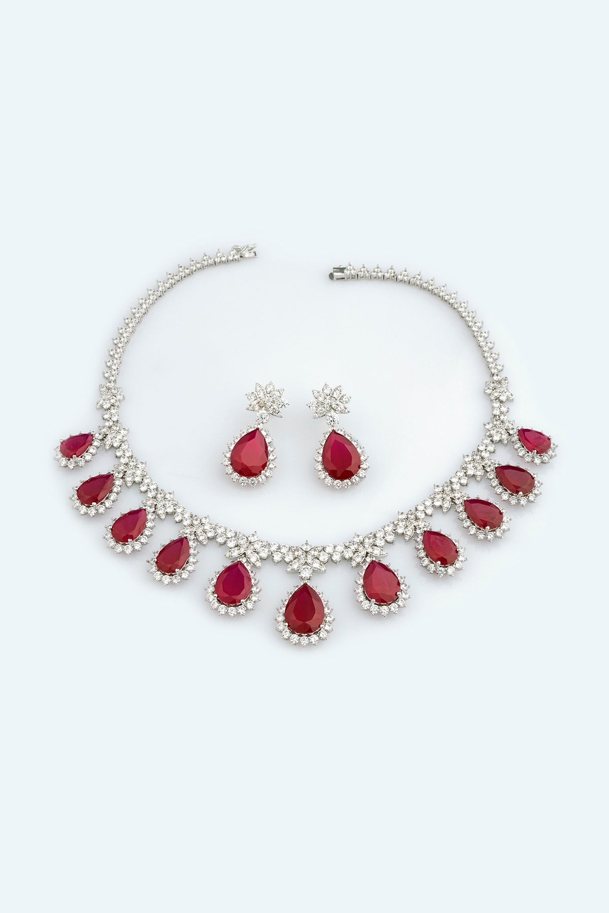 White Electro Rhodium Finish Cubic Zirconia & Red Stone Necklace Set