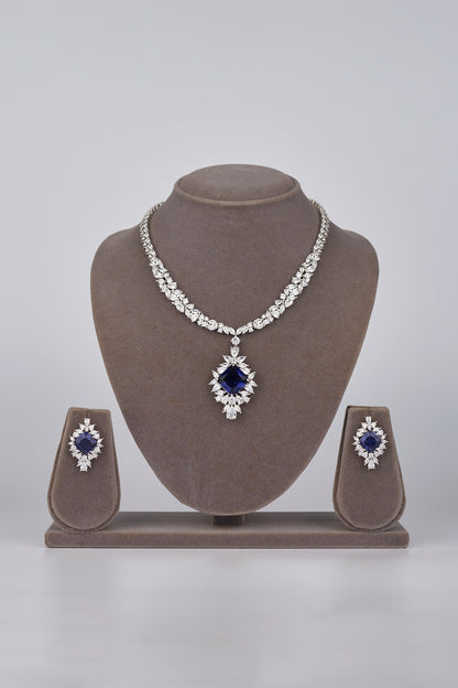White Electro Rhodium Finish Cubic Zirconia & Blue Stone Necklace Set