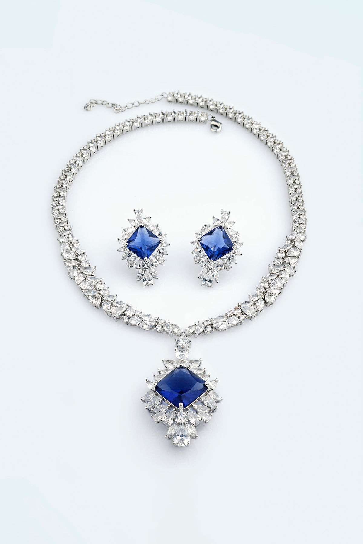 White Electro Rhodium Finish Cubic Zirconia & Blue Stone Necklace Set