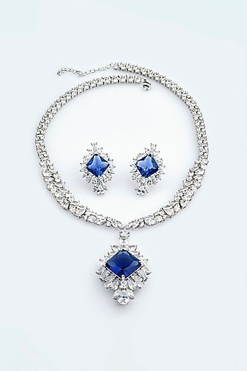 White Electro Rhodium Finish Cubic Zirconia & Blue Stone Necklace Set