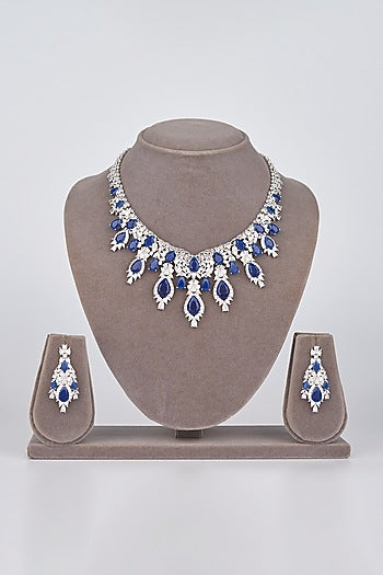 White Electro Rhodium Finish Cubic Zirconia & Blue Stone Necklace Set
