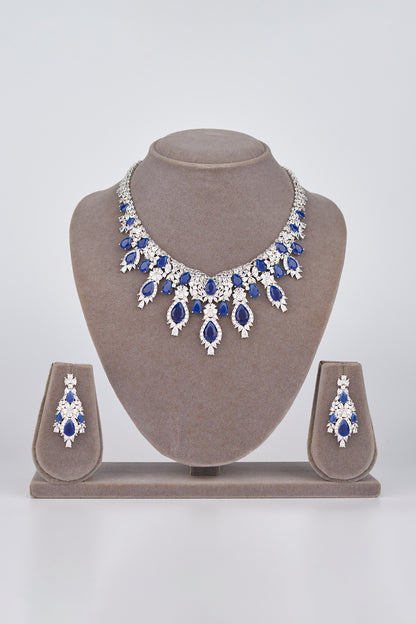 White Electro Rhodium Finish Cubic Zirconia & Blue Stone Necklace Set