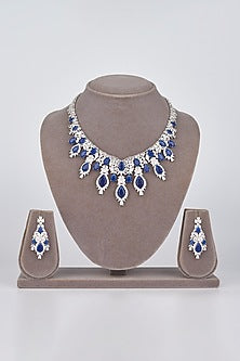White Electro Rhodium Finish Cubic Zirconia & Blue Stone Necklace Set