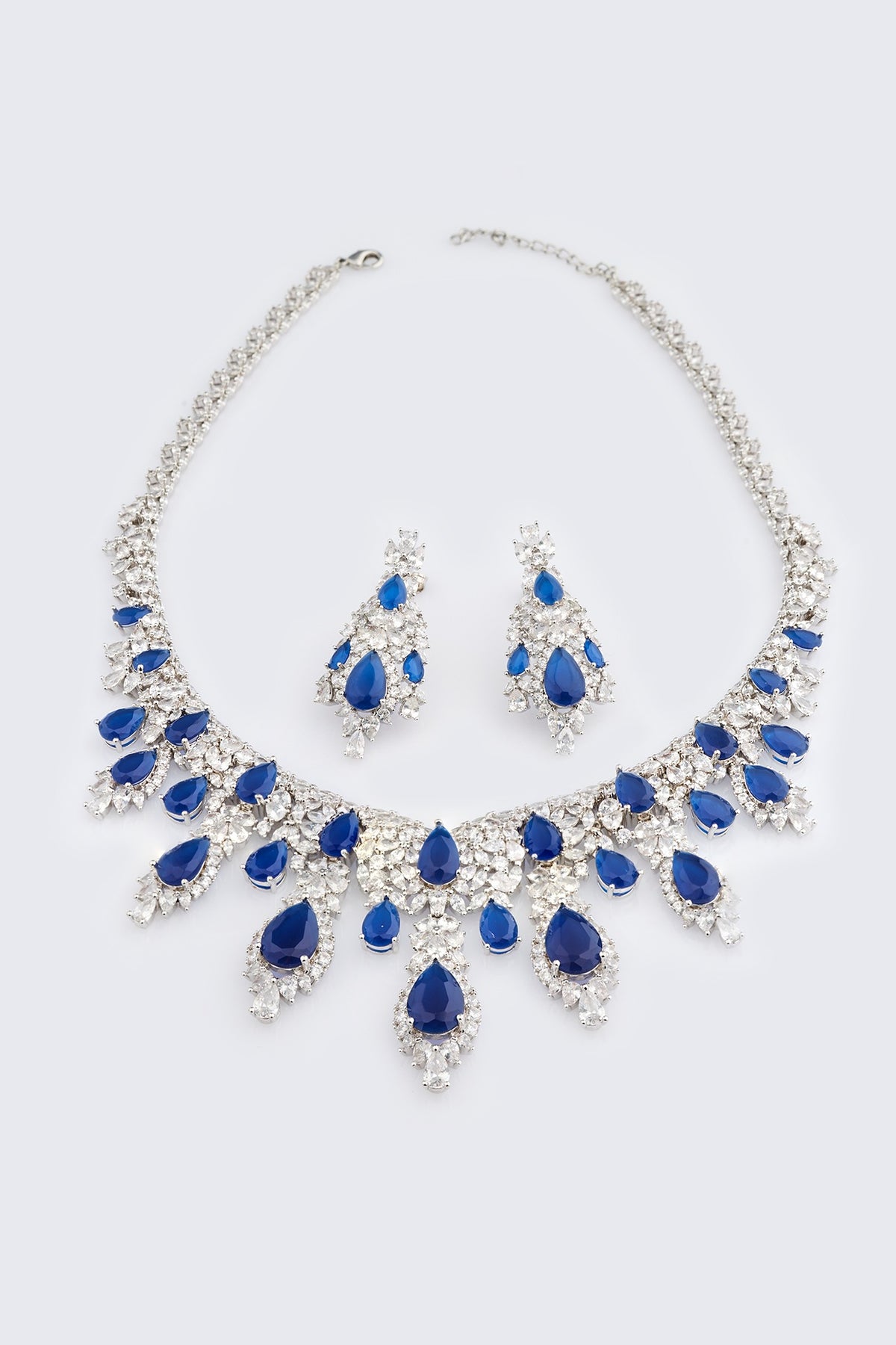 White Electro Rhodium Finish Cubic Zirconia & Blue Stone Necklace Set