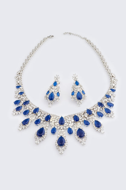 White Electro Rhodium Finish Cubic Zirconia & Blue Stone Necklace Set