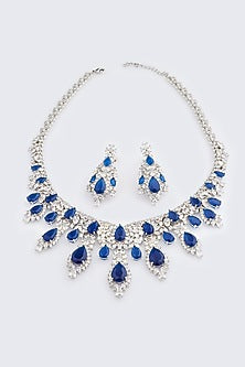 White Electro Rhodium Finish Cubic Zirconia & Blue Stone Necklace Set