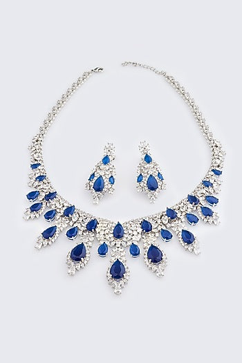 White Electro Rhodium Finish Cubic Zirconia & Blue Stone Necklace Set