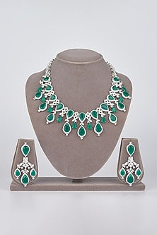 White Electro Rhodium Finish Cubic Zirconia & Green Stone Necklace Set