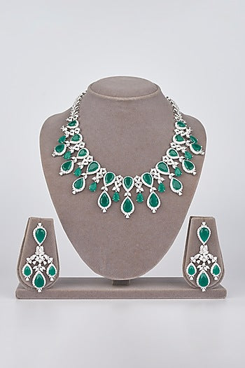 White Electro Rhodium Finish Cubic Zirconia & Green Stone Necklace Set