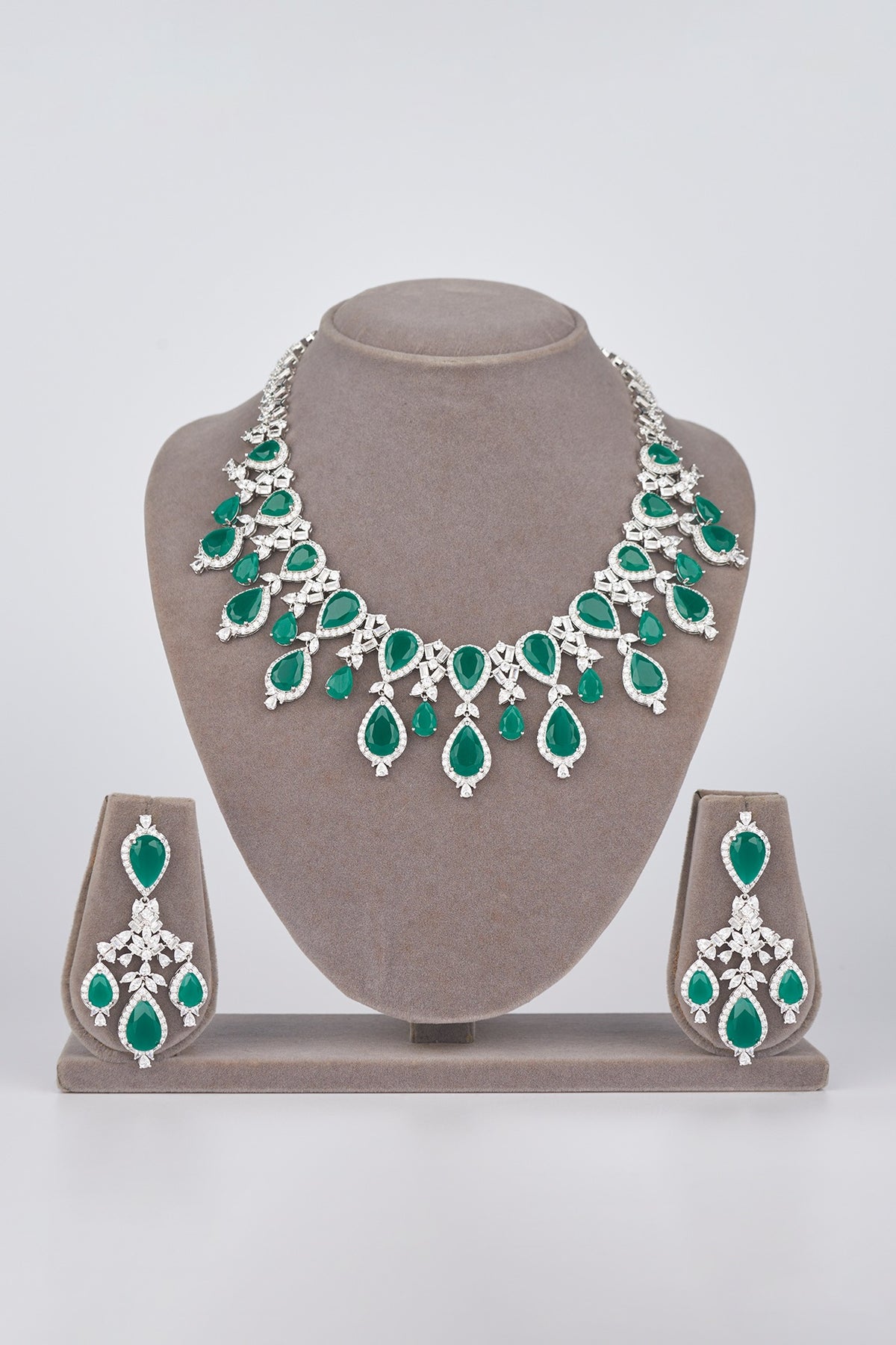 White Electro Rhodium Finish Cubic Zirconia & Green Stone Necklace Set