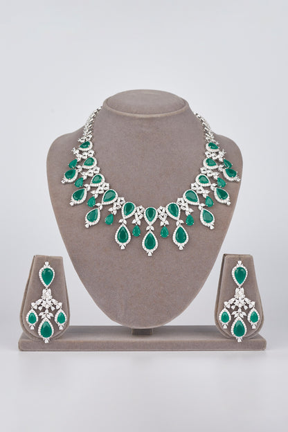 White Electro Rhodium Finish Cubic Zirconia & Green Stone Necklace Set