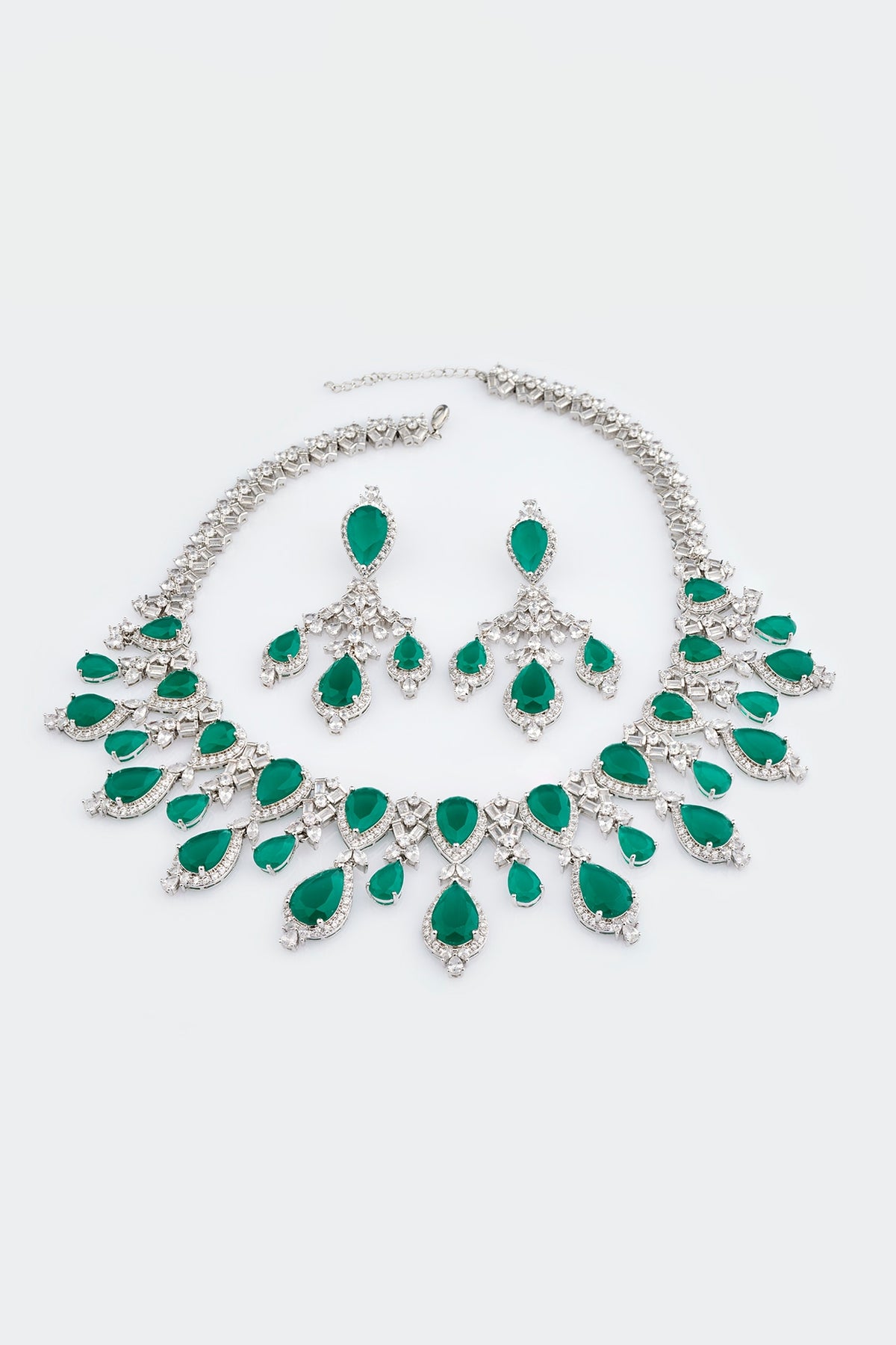 White Electro Rhodium Finish Cubic Zirconia & Green Stone Necklace Set