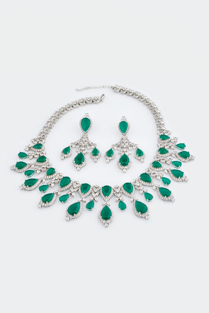 White Electro Rhodium Finish Cubic Zirconia & Green Stone Necklace Set