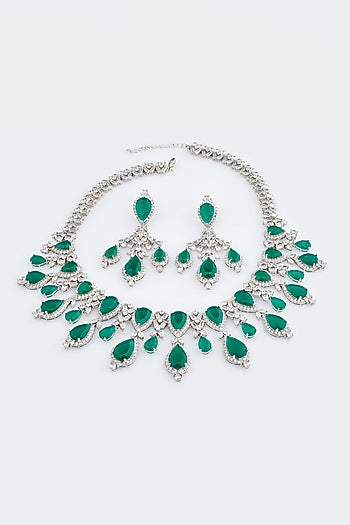 White Electro Rhodium Finish Cubic Zirconia & Green Stone Necklace Set