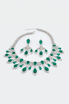 White Electro Rhodium Finish Cubic Zirconia & Green Stone Necklace Set