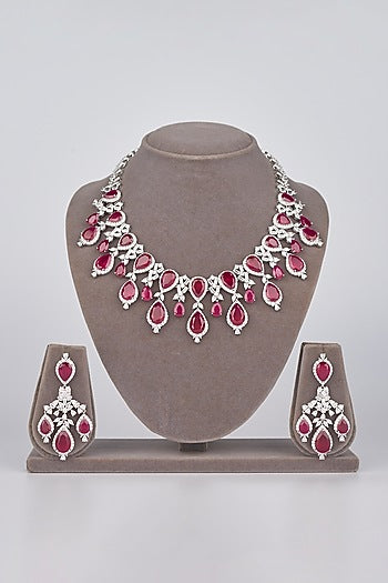 White Electro Rhodium Finish Cubic Zirconia & Red Stone Necklace Set