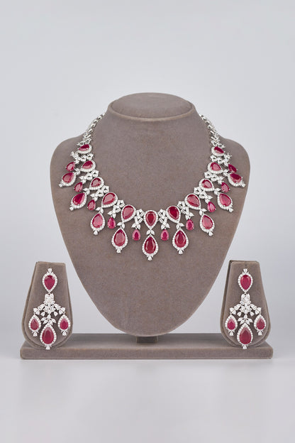 White Electro Rhodium Finish Cubic Zirconia & Red Stone Necklace Set