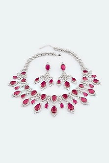 White Electro Rhodium Finish Cubic Zirconia & Red Stone Necklace Set