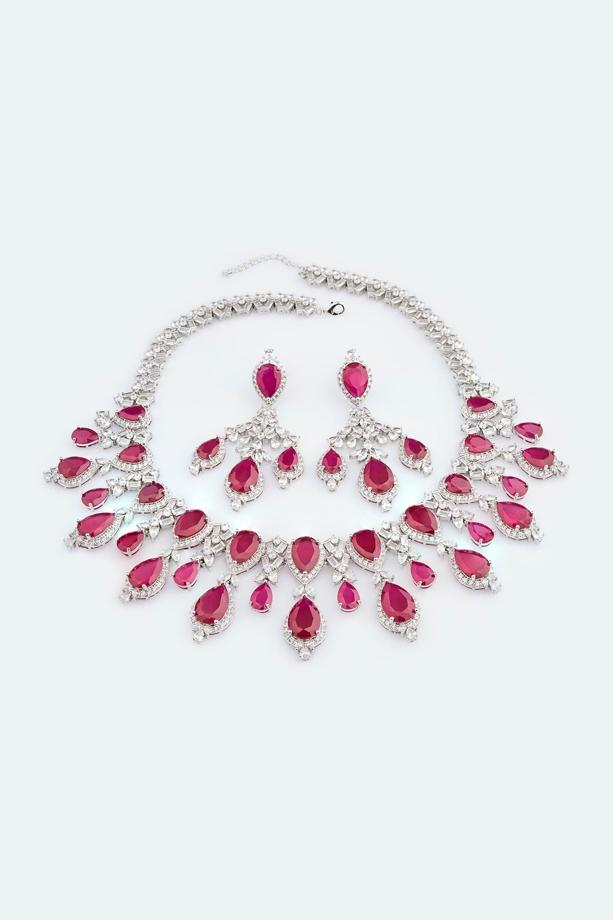White Electro Rhodium Finish Cubic Zirconia & Red Stone Necklace Set