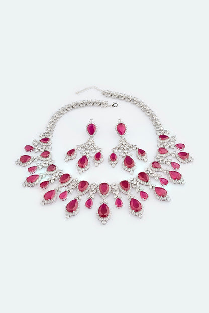 White Electro Rhodium Finish Cubic Zirconia & Red Stone Necklace Set