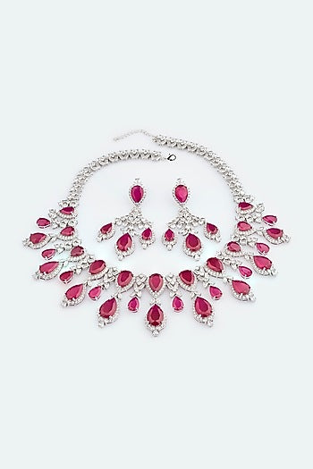White Electro Rhodium Finish Cubic Zirconia & Red Stone Necklace Set