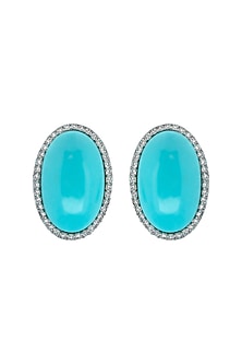 White Electro Finish Cubic Zirconia & Turquoise Stone Stud Earrings
