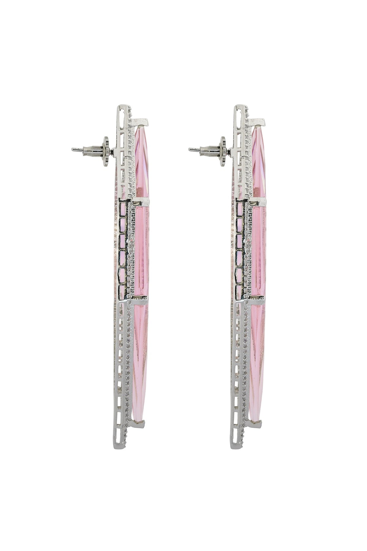 White Finish Cubic Zirconia & Pink Semi-Precious Stone Dangler Earrings