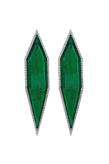White Finish Cubic Zirconia & Green Semi-Precious Stone Dangler Earrings