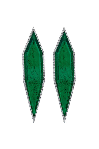 White Finish Cubic Zirconia & Green Semi-Precious Stone Dangler Earrings